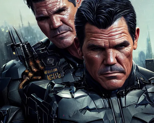 Image similar to highly detailed portrait of josh brolin as bruce wayne, in batman : arkham knight, stephen bliss, unreal engine, fantasy art by greg rutkowski, loish, rhads, ferdinand knab, makoto shinkai and lois van baarle, ilya kuvshinov, rossdraws, tom bagshaw, global illumination, radiant light, detailed and intricate environment