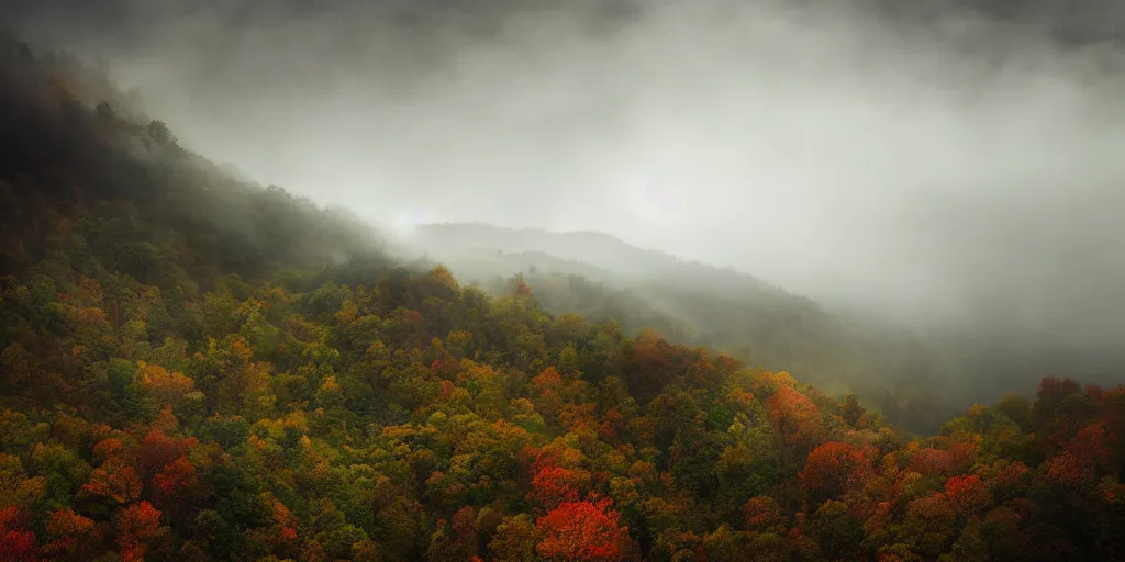 Prompt: foggy appalachian mountain landscape by andreas franke