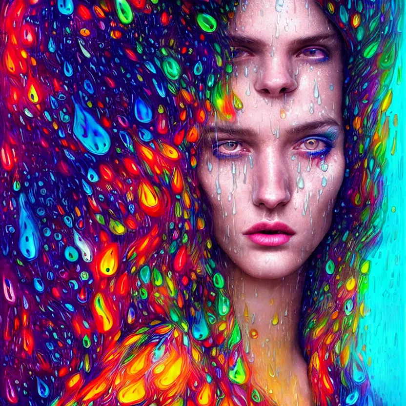 Image similar to bright asthetic portrait of LSD in rain with wet hair and face, liquid, fantasy, intricate, elegant, dramatic lighting, highly detailed, lifelike, photorealistic, digital painting, artstation, illustration, concept art, smooth, sharp focus, art by John Collier and Albert Aublet and Krenz Cushart and Artem Demura and Alphonse Mucha