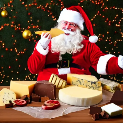 Prompt: Santa eating cheese with chocolate