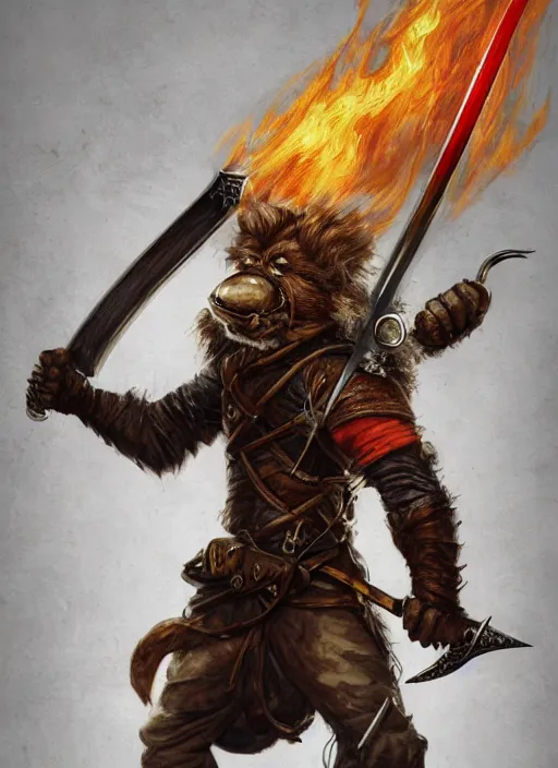 Image similar to photorealistic bugbear ranger holding sword on fire, magic, black beard, dungeons and dragons, pathfinder, roleplaying game art, hunters gear, jeweled ornate leather and steel armour, concept art, character design on white background, by sargent, norman rockwell, makoto shinkai, kim jung giu, artstation trending, poster art, colours red