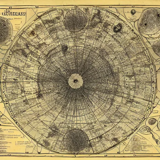 Prompt: an antique map of the known universe drawn by extraterrestrial beings, highly detailed, dreamy, cartography