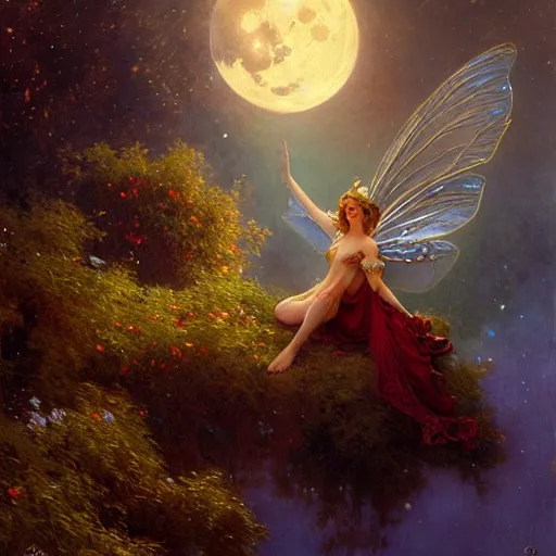 Image similar to attractive fairy magically floating high in the night, fantasy, full moon in background. highly detailed painting by gaston bussiere, craig mullins, j. c. leyendecker, mid shot, 8 k realistic, cryengine, frostbite 3 engine, sharp focus