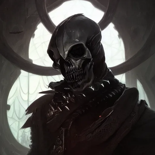 Image similar to dark fantasy character portrait of Reaper from Overwatch, wearing skull mask, dystopian mood, intricate, wild, highly detailed, digital painting, artstation, upper body, concept art, smooth, sharp focus, illustration, art by artgerm and greg rutkowski and alphonse mucha