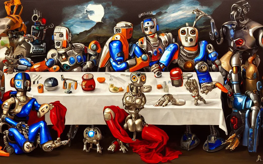 Prompt: last supper painting of various robots, cyborgs and androids