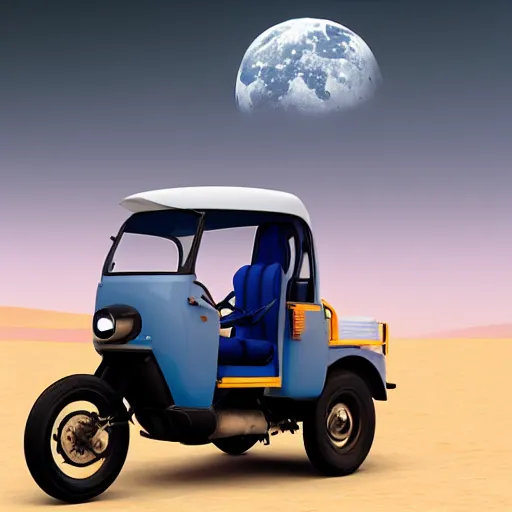 Image similar to a dark blue bajaj tuk tuk traveling on the surface of the moon, moon craters, night sky, milky way, hard lighting, matte painting, concept art, 4k