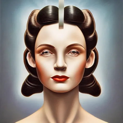 Image similar to art deco skin tone portrait, an ultrafine detailed painting by rafal olbinski, thomas cole, behance contest winner, pop surrealism, detailed painting, very detailed, minimalist, skeuomorphic, airbrush art