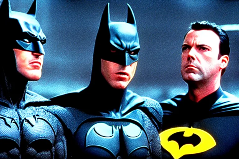 Image similar to Michael Keaton Batman from 1989 meets Ben Affleck Batman from the modern DCEU, ultra realistic, 4K, movie still, UHD, sharp, cinematic