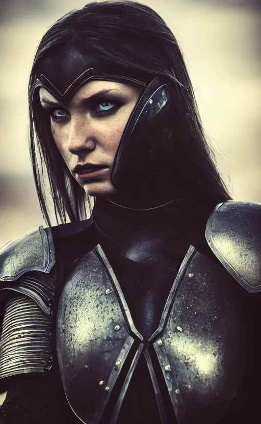 Prompt: photorealistic photograph of a beautiful young woman wearing black armor, angry eyes, no helmet, cinematic, 200mm prime lens