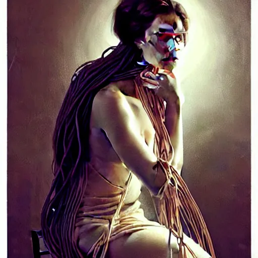 Prompt: a beautiful woman tied to a chair using spaghetti, a woman wrapped in spaghetti, painting by Charlie Bowater and Gerald Brom