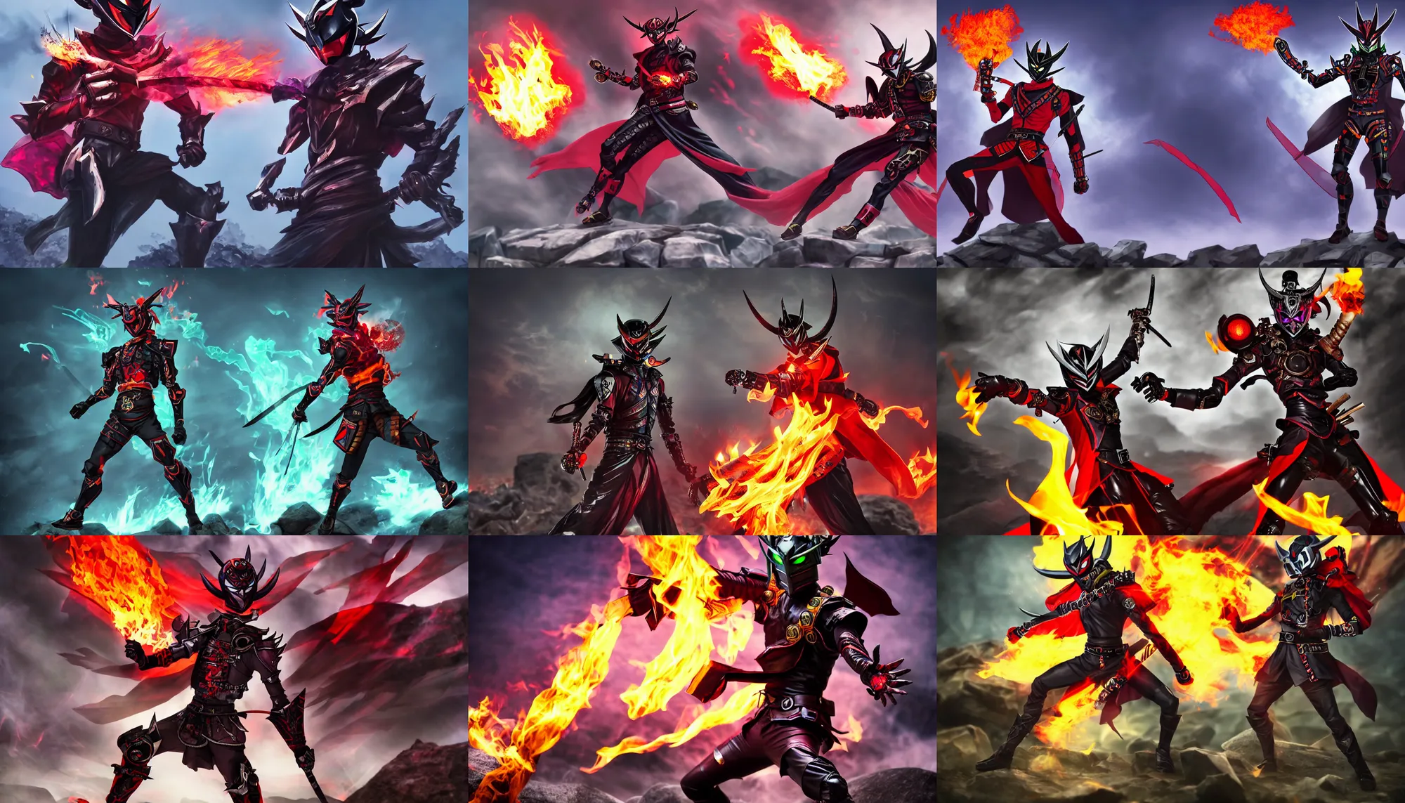 Prompt: Demonic Samurai Kamen Rider with a flame scarf standing in a rock quarry doing a henshin pose, full body, single character, League of Legends Splash Art, high quality, 4k, concept art, illustration, rubber suit, Arcane style