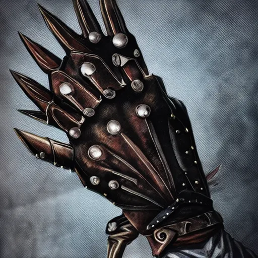 Prompt: metal claws on gloves, old leather gloves with attached talons, pointy fingertips, dark background, highly detailed, 8 k, trending on artstation, mystic, rpg artwork, by peter jackson, by sauron