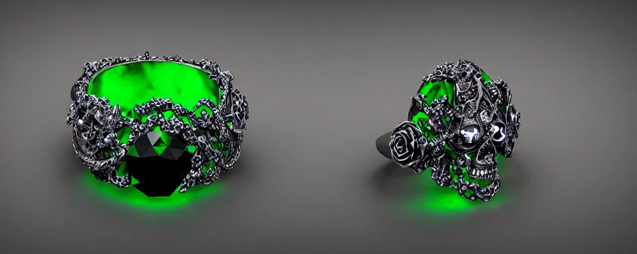 Image similar to simple magic crystal ring of poison, radiant cut, skull, skulls, tentacles, green, black, purple. smooth shank, crystal, engravings, diamonds, product design, jewelry, gold, silver, colorful, art by gerald brom, greg rutkowski and artgerm, photo realism, unreal engine, c 4 d