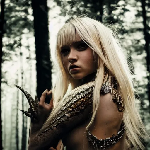Image similar to very pretty blond dragon girl with scales for skin and huge dragon wings in a dark forest, perfect symmetrical face, shallow depth of field, moody lighting, single point of light, 8 k, ultra realistic, in the style of,