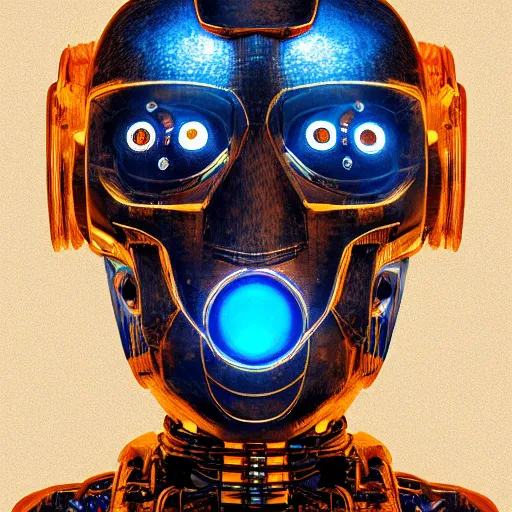 Image similar to Robot Machine God, by Ben Nicholas, micro-details, blue tinted lighting, cybernetic, complicated, mechanical, rusted, blue torn fabric, blue cloak, glowing mechanical eyes, sombre, highly detailed, character portrait, digital concept art