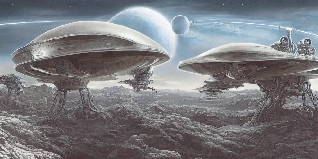 Prompt: By Jim bush and ed repka, air brush illustration, matte painting of a vintage alien ship landing on an alien planet, human astronauts making first contact, retro futuristic, science fantasy, symmetry accurate features, very intricate details, artstation