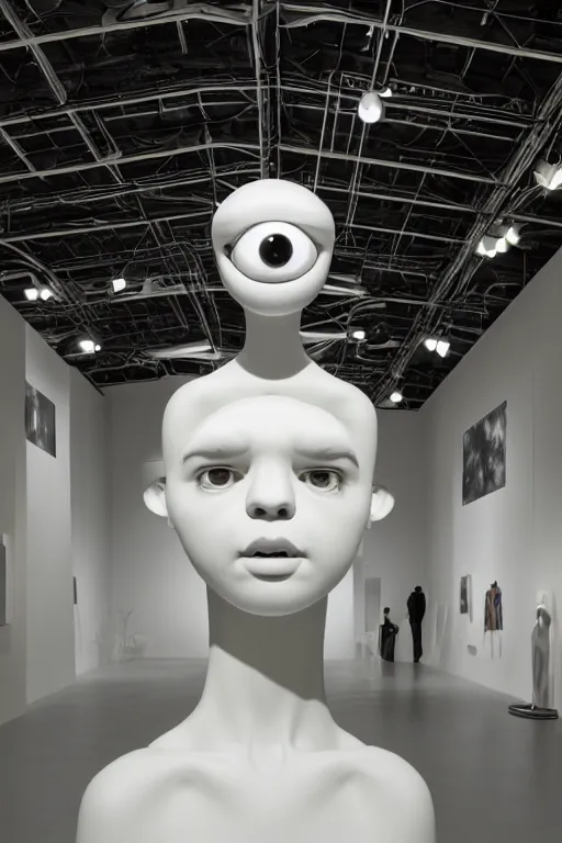 Image similar to full head and shoulders, beautiful porcelain female person, mixed with three giant frog spawn eyes, smooth, delicate facial features, white detailed eyes, white lashes, 3 d white shiny thick, wearing colourful streetwear, background is an empty art gallery, by daniel arsham and james jean, featured in pictoplasma