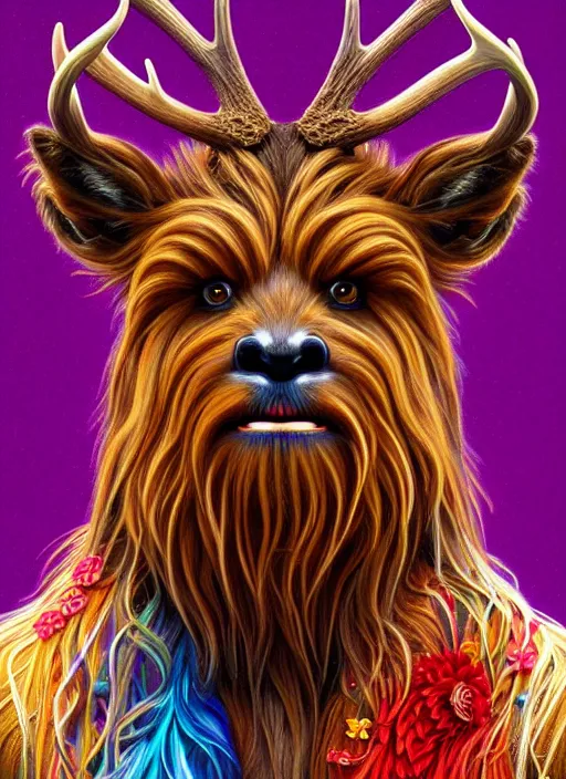 Prompt: symmetry! portrait of antlered chewbacca deer wearing a colorful scarf!, flowers, intricate, elegant, highly detailed, digital painting, artstation, concept art, smooth, sharp focus, illustration, art by artgerm and greg rutkowski and alphonse mucha, 8 k