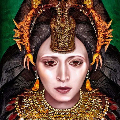 Prompt: portrait, headshot, digital painting, of Mother Ayahuascaa as a 10th century beautiful female Royal, dark hair, tropical feathers, seashells, teeth, claws, baroque, ornate clothing, scifi, futuristic, realistic, hyperdetailed, chiaroscuro, concept art, art by caravaggio