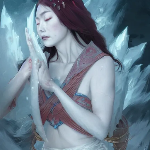 Image similar to Japanese ice demoness, D&D, highly detailed, digital painting, artstation, concept art, sharp focus, illustration, cinematic lighting, art by artgerm and greg rutkowski and alphonse mucha