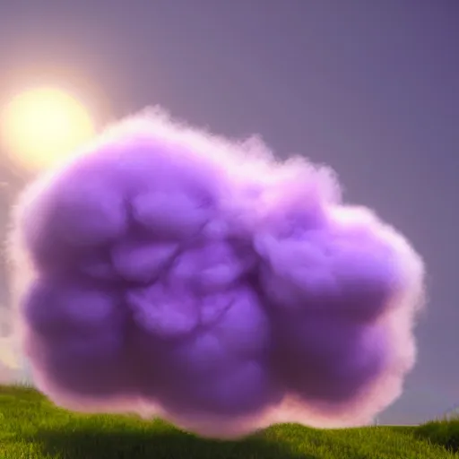 Image similar to a photorealistic render of a purple fluffy cloud shaped like a puppy, 3D octane render, unreal engine, hyperrealistic, 8k, volumetric lighting