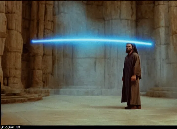 Image similar to screenshot of the force ghost glowing blue spirit of qui gon jinn speaking to Luke skywalker, in a hazy lit ancient Jedi cathedral, screenshot from the 1970s star wars thriller directed by stanley kubrick, Photographed with Leica Summilux-M 24 mm lens, ISO 100, f/8, Portra 400, kodak film, anamorphic lenses