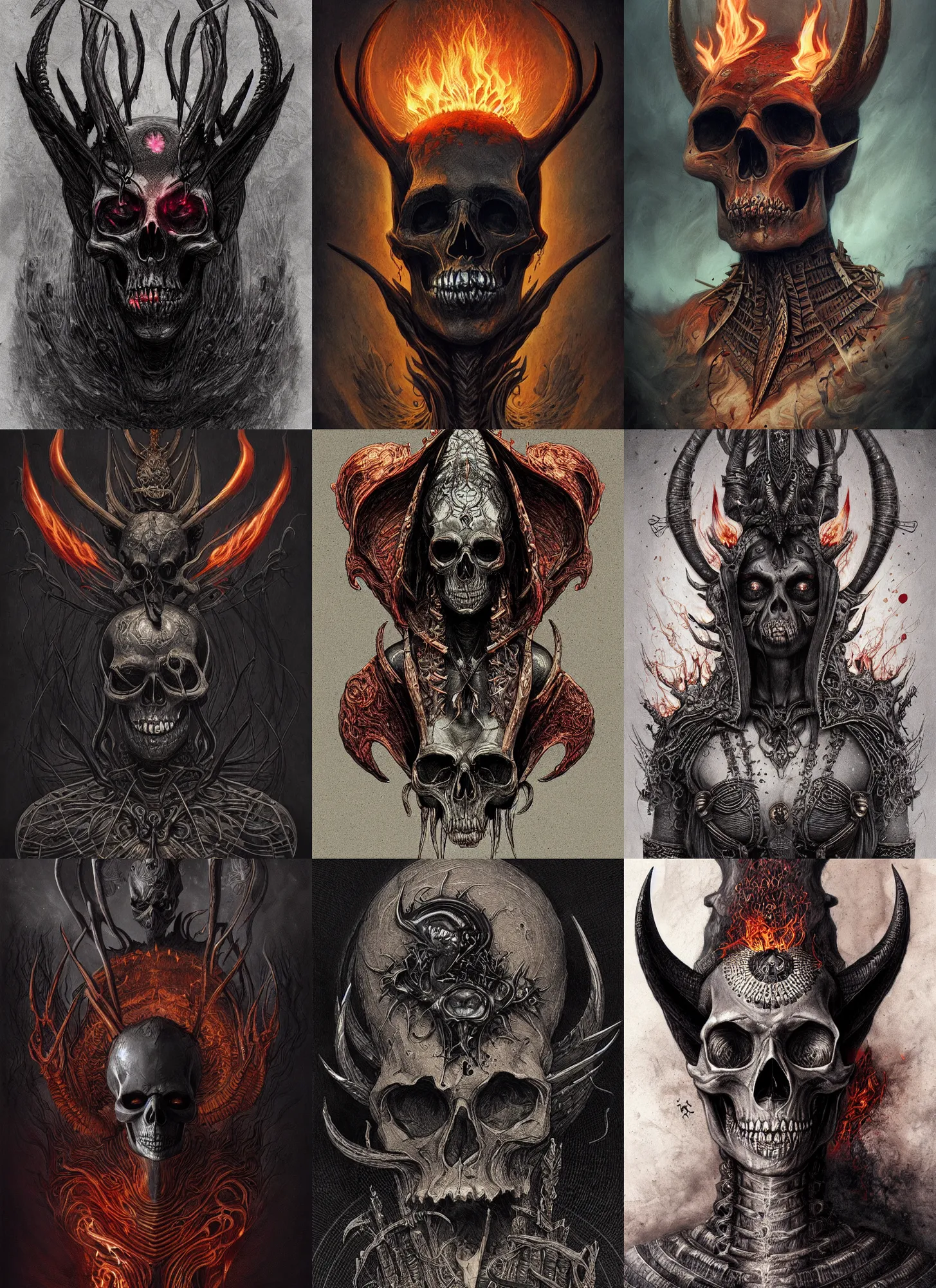 Prompt: black skinny skull corpse portrait horns, flaming eyes, hell, egyptian clothes, intricate, dark, highly detailed, artstation, sharp focus, illustration, mohrbacher, barlowe, beksinski