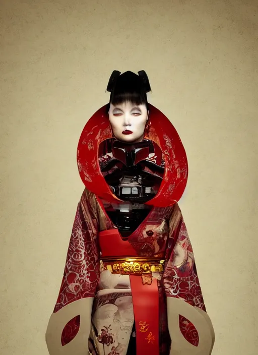 Image similar to portrait of a stylish futuristic geisha cyborg, with a red kimono with japanese golden signs written on it, kintsugi, modern fine art, fractal, intricate, elegant, highly detailed, digital photography, subsurface scattering, in the style of ghost, by jheronimus bosch and greg rutkowski,