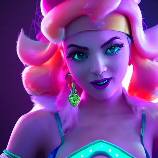 Prompt: Princess peach mixed with jinx from league of legends, dancing, background with neon lighting, fullshot, raytrayced, octane render, epic composition, intricate details, hyperrealist, dark neon punk, by Alessandro Barbucci, Barbara Canepa