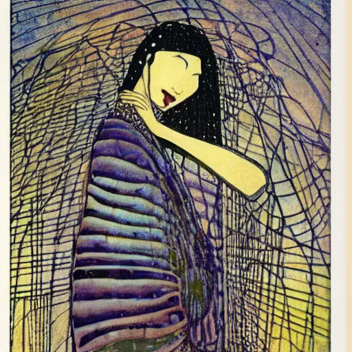 Prompt: Print. paralyzed by the indescribable beauty of the cosmos. The Far Side by Margaret Macdonald Mackintosh, by Patricia Polacco subtle