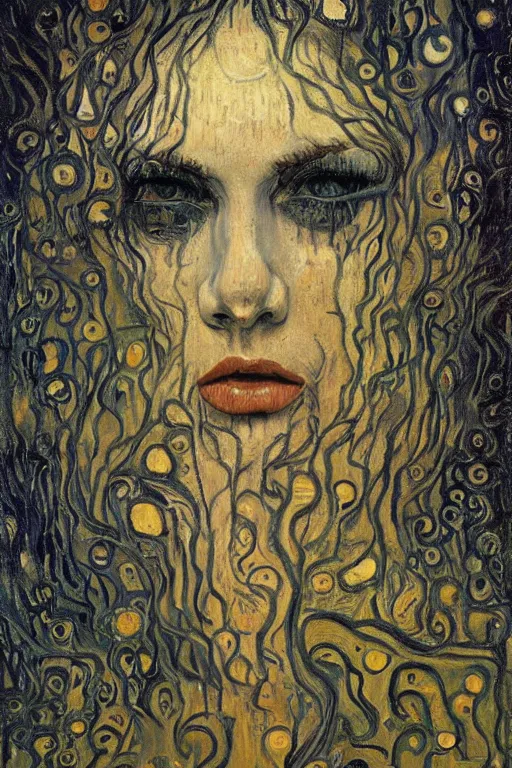 Prompt: The Mourner's Hood by Karol Bak, Jean Deville, Gustav Klimt, and Vincent Van Gogh, mystic eye, otherworldly, portrait of a weeping hooded faceless figure, shroud, dark drapery, shadowy ghosts, ghost whirlwind, tears, crying, fractal structures, arcane, inferno, inscribed runes, infernal relics, ornate gilded medieval icon, third eye, spirals