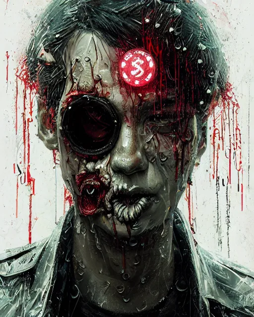 Image similar to detailed portrait, corrupt, virus, zombie, rain, cyberpunk futuristic neon, reflective puffy coat, decorated with traditional japanese ornaments by ismail inceoglu dragan bibin hans thoma greg rutkowski alexandros pyromallis nekro rene maritte illustrated, perfect face, fine details, realistic shaded, fine - face, pretty face