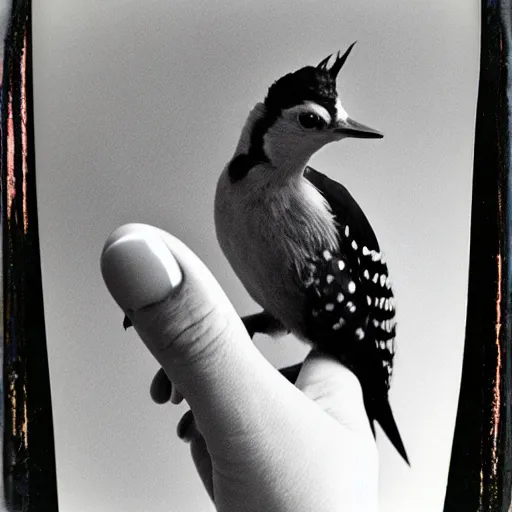 Prompt: selfie of a woodpecker wearing hoodie, 8 0 s, polaroid photo, by warhol,