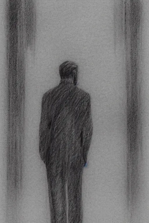 Image similar to a drawn man standing in the rain. pencil sketch.