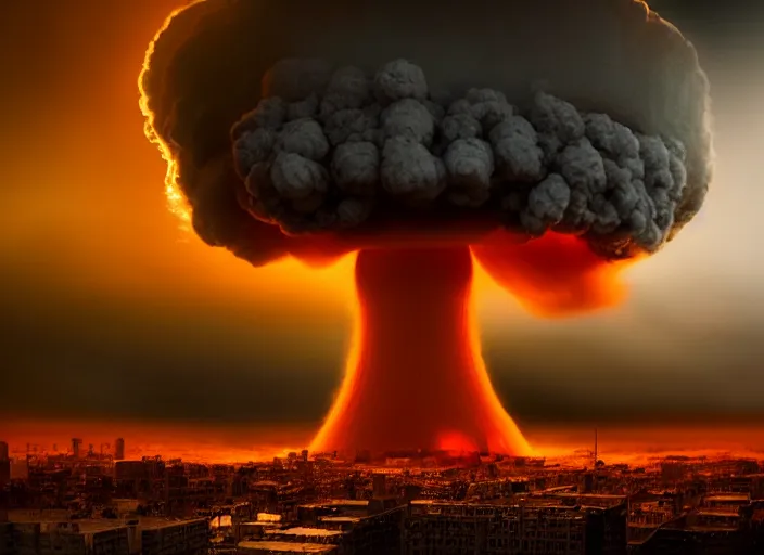 Prompt: nuclear explosion with a mushroom cloud and shockwaves with dust and fog in the city. Centered. Horror dystopia style. Highly detailed 8k. Intricate. Nikon d850 300mm. Award winning photography.