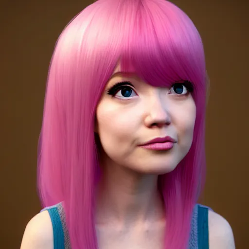 Image similar to A portrait of Nikki from Shining Nikki and Love, a cute 3d cgi toon young woman with long light pink hair, full bangs, hazel eyes, full face, light makeup, pale skin, Chinese heritage, cute outfit, medium shot, mid-shot, hyperdetailed, 8k, trending on artstation, as a Pixar character