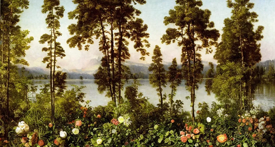 Prompt: atlas texture map megascans, flowers by the lake with forest in background, white background illustrated by eugene von guerard, ivan shishkin, john singer sargent