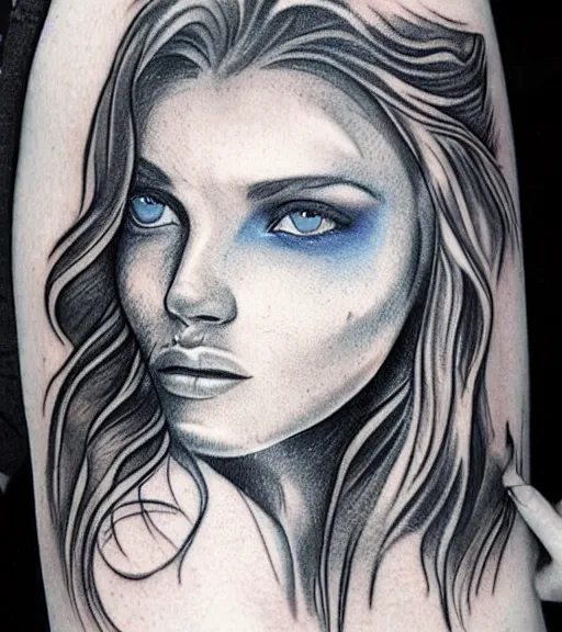 Image similar to tattoo design sketch of a beautiful blue - eyed woman face with a faded background of beautiful mountains and nature on her side, hyper - realistic, in the style of den yakovlev, amazing detail, black and white