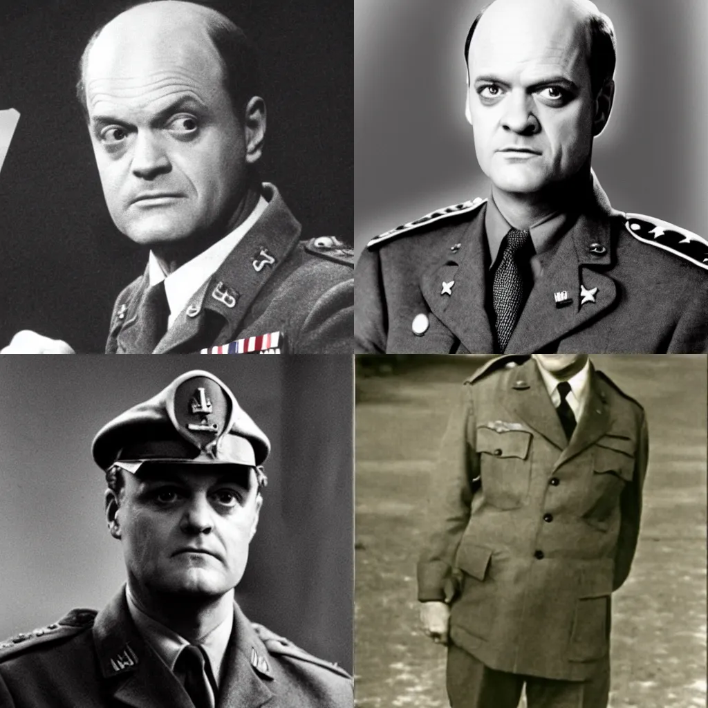 Prompt: Dr frasier crane as an soldier during WW2, grainy monochrome photo