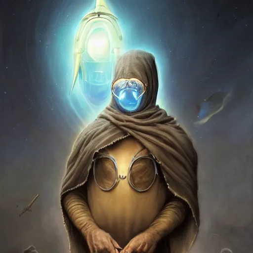 Image similar to masked nomad male wearing a cloak on an alien world and holding a holographic planet projection in his hand, detailed, sci - fi, digital painting, artstation, sharp focus, illustration, ominous, artgerm, tomasz alen kopera, peter mohrbacher, donato giancola, joseph christian leyendecker, wlop, frank frazetta