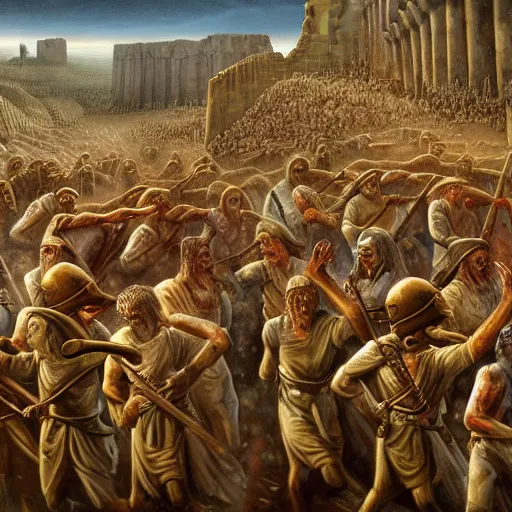 Prompt: the army of ancient Israel marching behind the ark of the covenant around the walls of ancient Jericho, Getting Attacked by a hoard of zombies, 8k high detail