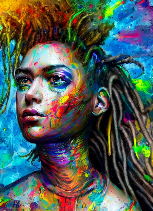 Prompt: portrait of a cyberpunk augmented girl with dreadlocks, by jackson pollock and wassily kandinsky, 4 k resolution, vivid colours, extremely detailed, dripping technique, oil paint, depth