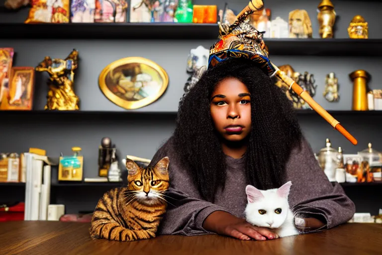 Prompt: 2 0 2 2 photo, close up portrait, dramatic lighting, concentration, calm confident african american teen witch and her cat, tarot cards displayed on the table in front of her, sage smoke, magic wand, a witch hat and cape, apothecary shelves in the background, alphonse mucha