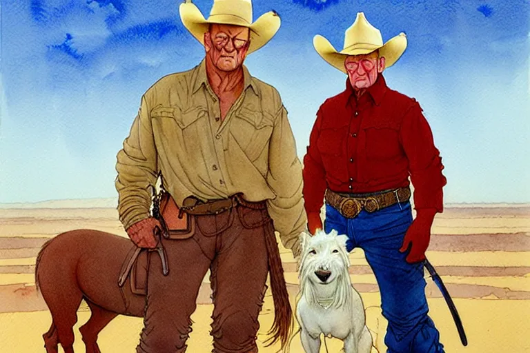 Image similar to a hyperrealist watercolour character concept art portrait of john wayne and a small white dog. there is a horse. arizona desert. there is a villain in the background. by rebecca guay, michael kaluta, charles vess and jean moebius giraud