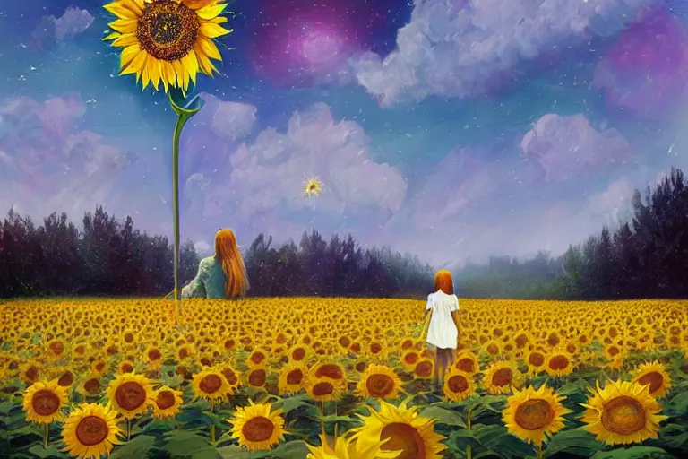 Image similar to giant sunflower as a head, girl walking in daisy field, hills, surreal photography, dark night, star trails, dramatic light, impressionist painting, clouds, digital painting, artstation, simon stalenhag