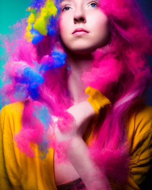 Prompt: a dramatic lighting photo of a beautiful young woman with cotton candy hair. paint splashes. with a little bit of red and yellow