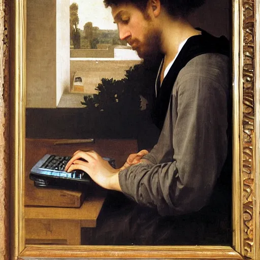 Image similar to an oil painting of an man playing a laptop, 1576 , by Bouguereau, highly detailed and intricate,