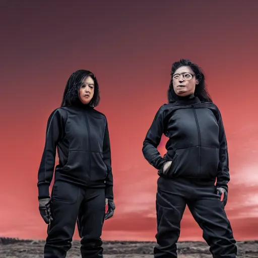 Image similar to photograph of 2 women wearing techwear in front of a brutalist metal building, on a desolate plain, red eerie sky, sigma 8 5 mm f / 1. 4, 4 k, depth of field, high resolution, 4 k, 8 k, hd, full color