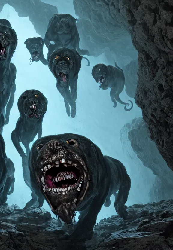 Image similar to three lovecraftian rabies mastiffs attacking inside a claustrophobic dark blue canyon of stone, foaming at the mouth, like ink in water, tapetum lucidum, monsters, digital art, greg rutkowski, junju ito, unreal engine, octane render, cinematic lighting, highly detailed