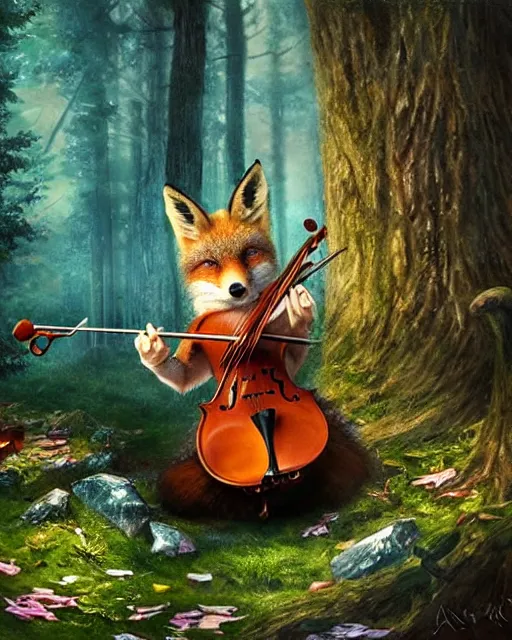 Image similar to Fox playing violin in magical forest, portrait, wearing hat, magical notes, fairy atmosphere, magic the gathering artwork, D&D, fantasy, cinematic lighting, centered, symmetrical, highly detailed, digital painting, artstation, concept art, smooth, sharp focus, illustration, volumetric lighting, epic Composition, 8k, art by Akihiko Yoshida and Greg Rutkowski and Craig Mullins, oil painting, cgsociety